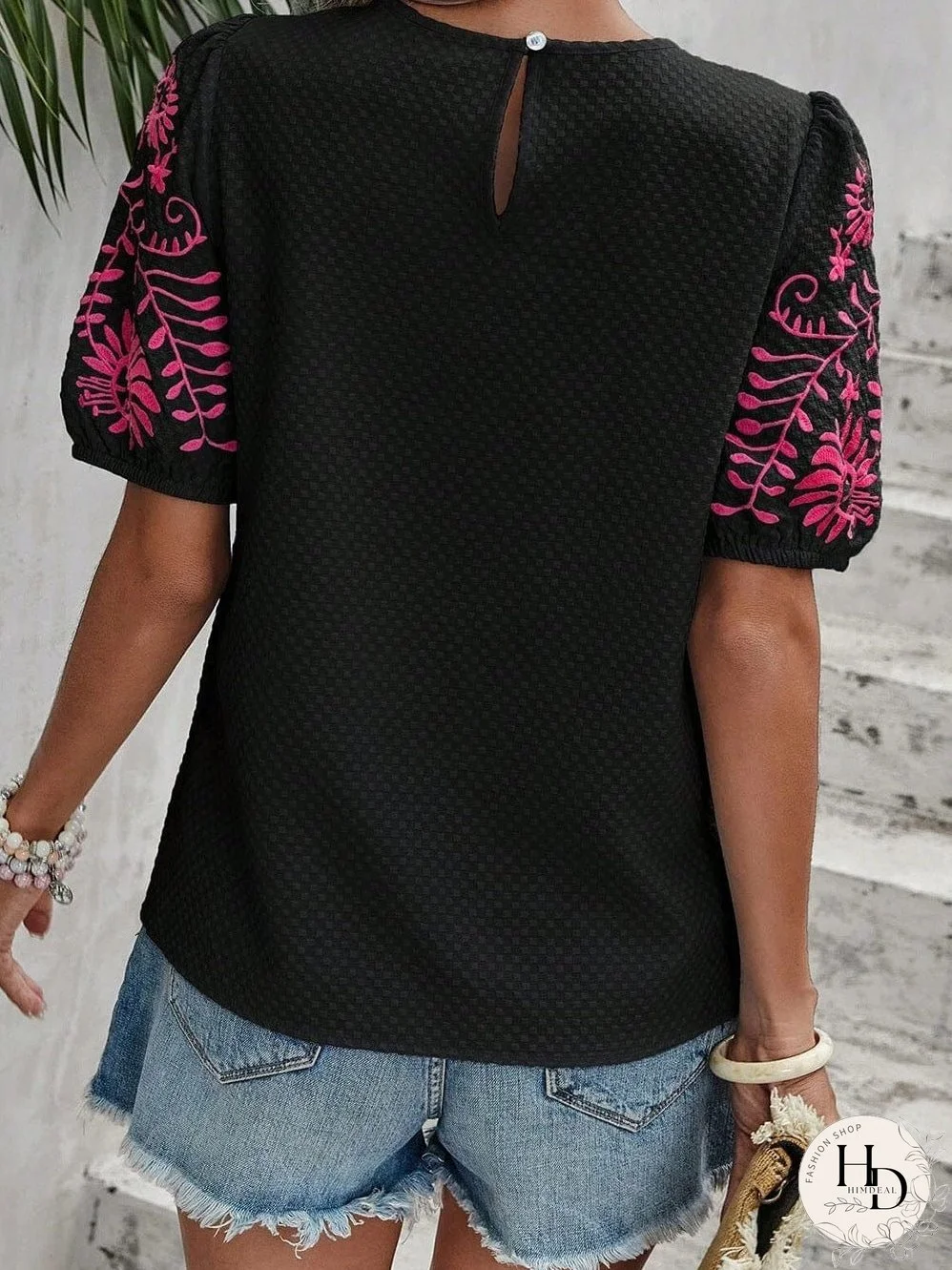 Summer Black Embroidered Puff Sleeve Top