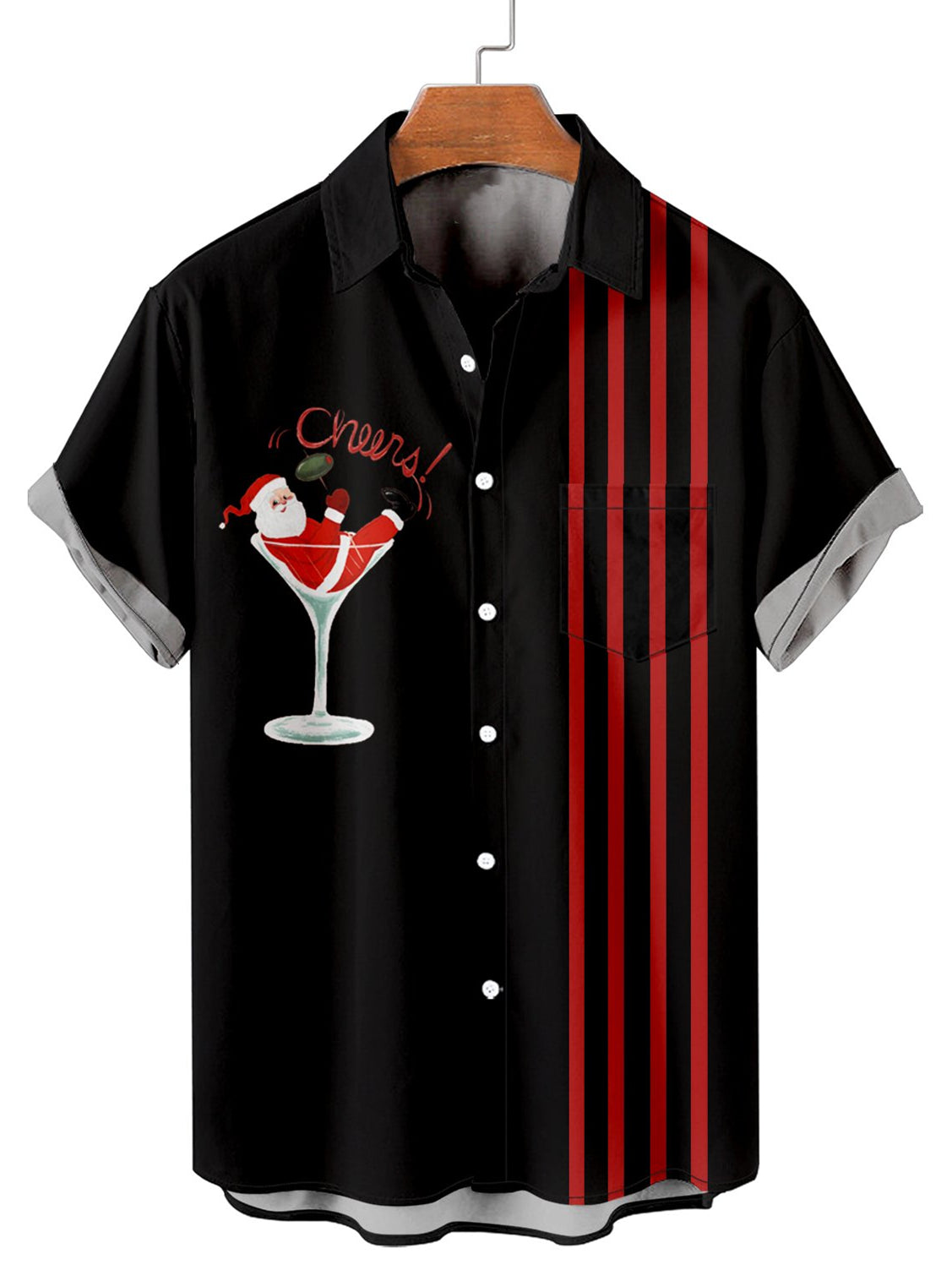 Men's Cartoon Santa Claus Wine Glass Contrast Color Striped Short Sleeve Shirt PLUSCLOTHESMAN