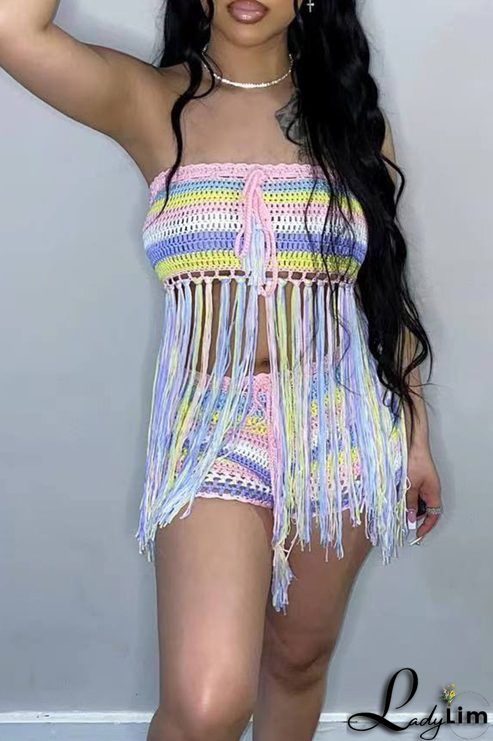 Blue Sexy Patchwork Tassel Strapless Sleeveless Two Pieces