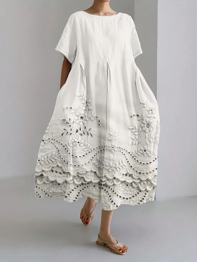 Comstylish Vintage Floral Embroidered Lace Hem Linen Blend Maxi Dress