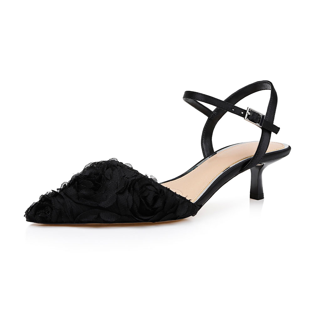 Black Pointed Toe Ankle Strap Lace Rose Decor Kitten Heel Pumps Nicepairs