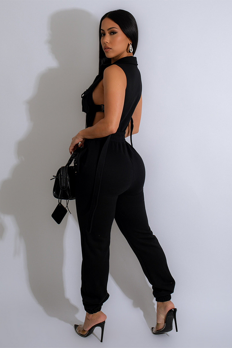 Sleeveless Side Buckle High Waist Solid Color Pocket Jumpsuit-Red