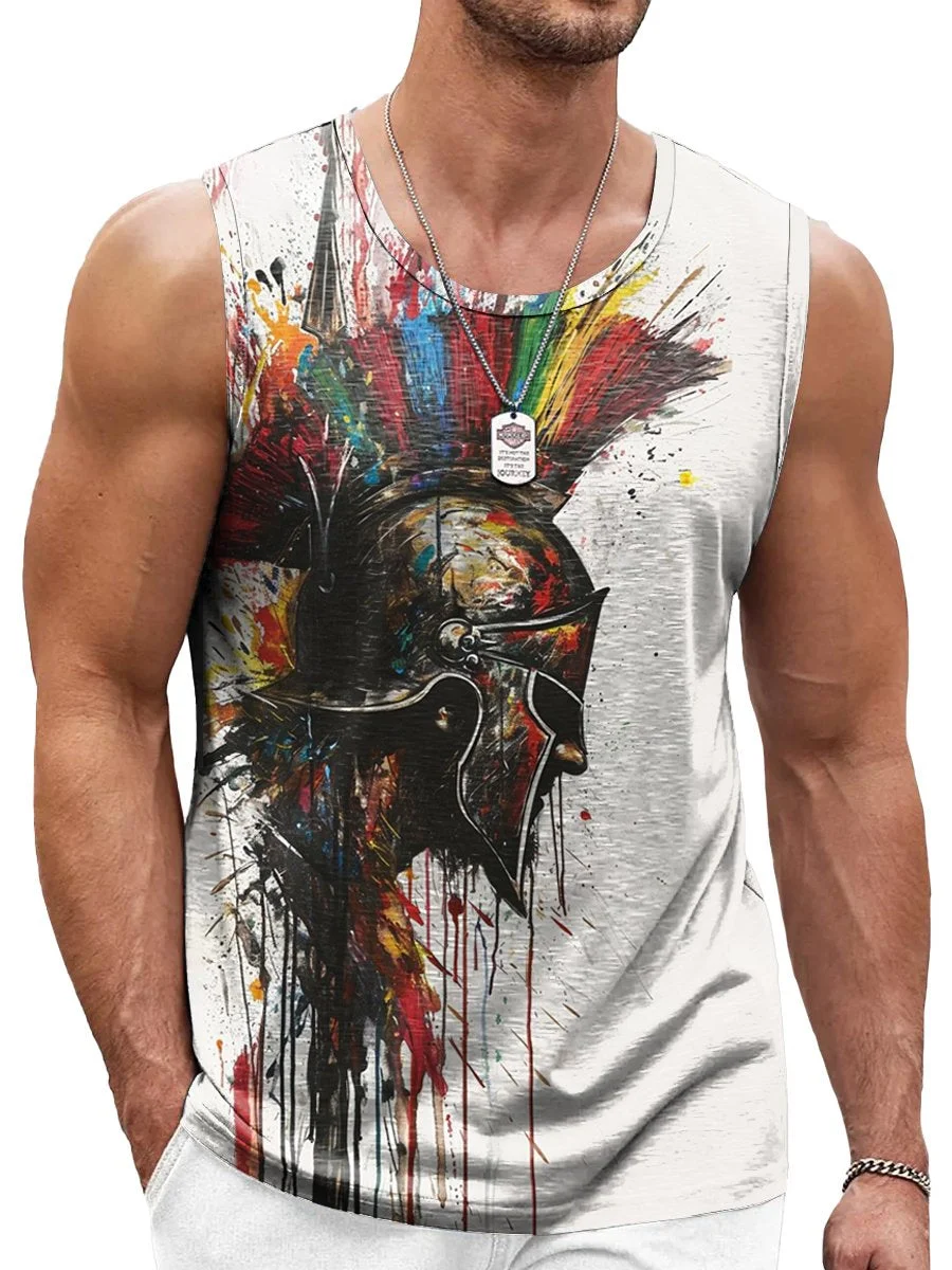 Retro Knight Print Crew Neck Tank Top