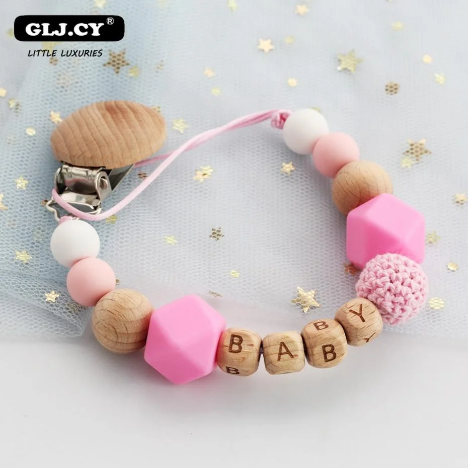Personalized Name Handmade Silicone Baby Wooden Dummy Pacifier clip Safe Teething Chain Teether Pacifier  chains Holder Chain