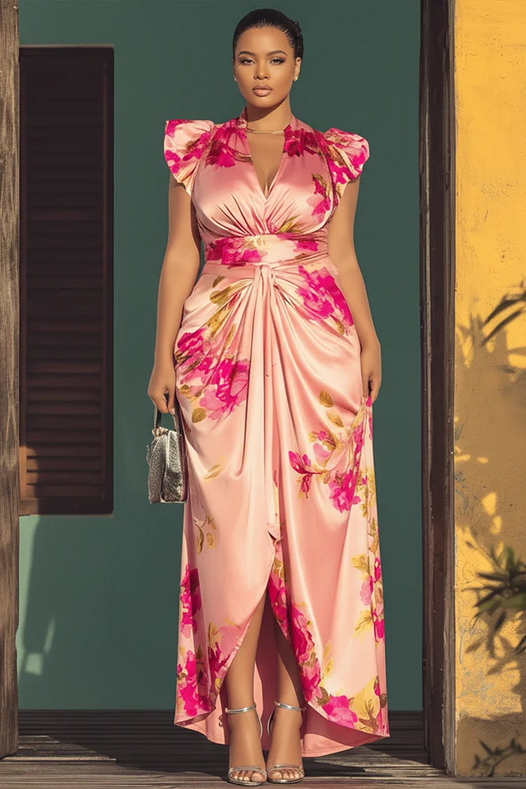 Xpluswear Design Plus Size Wedding Guest Pink Floral V Neck Flutter Sleeve Short Sleeve Fold Satin Midi Dresses [Pre-Order] 2024 - Xpluswear