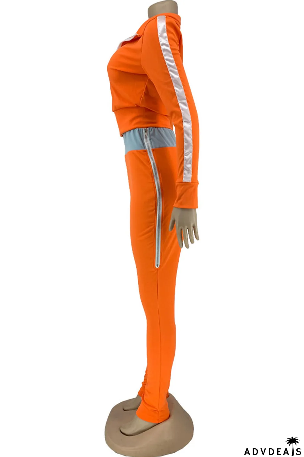 Orange Sportswear Solid Patchwork Turndown Collar Long Sleeve Two Pieces