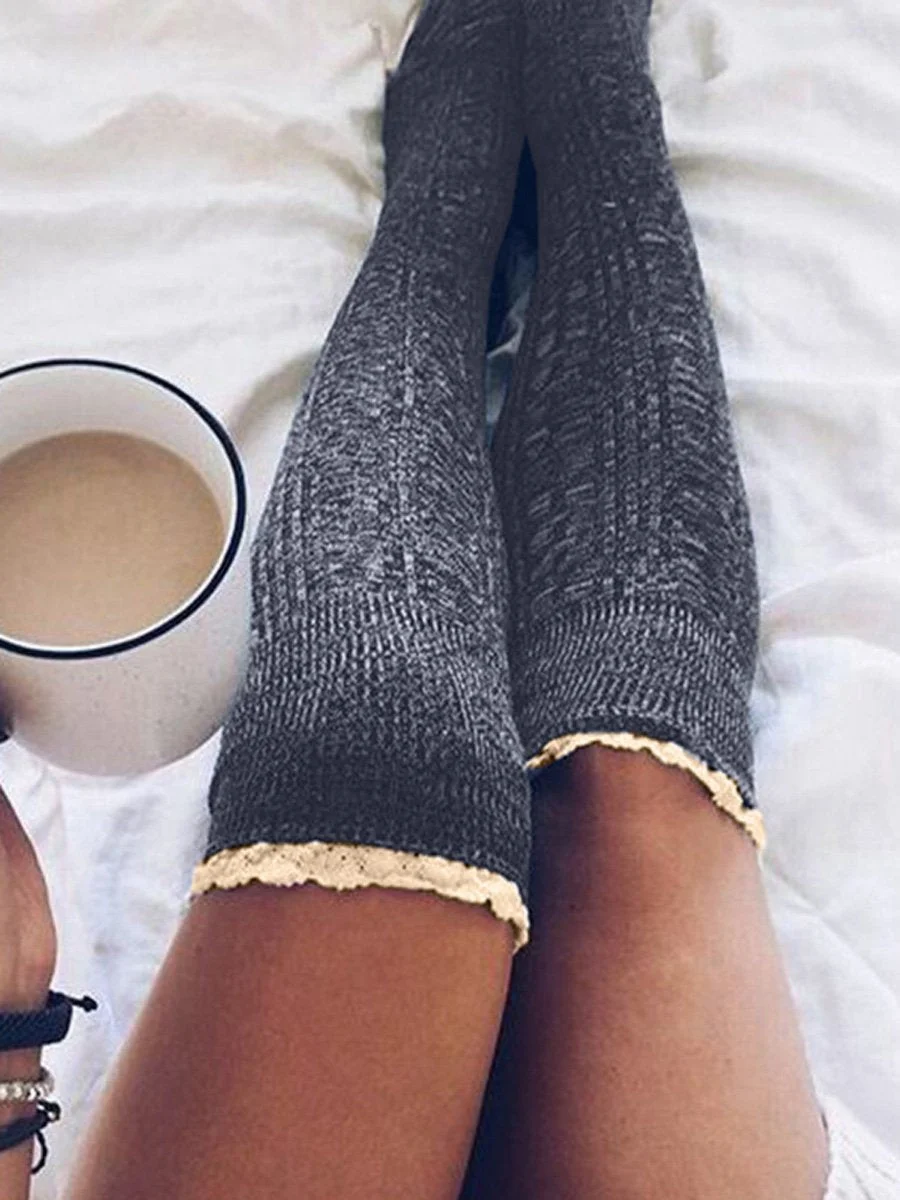 Lace Splicing Knitted Thigh-High Socks