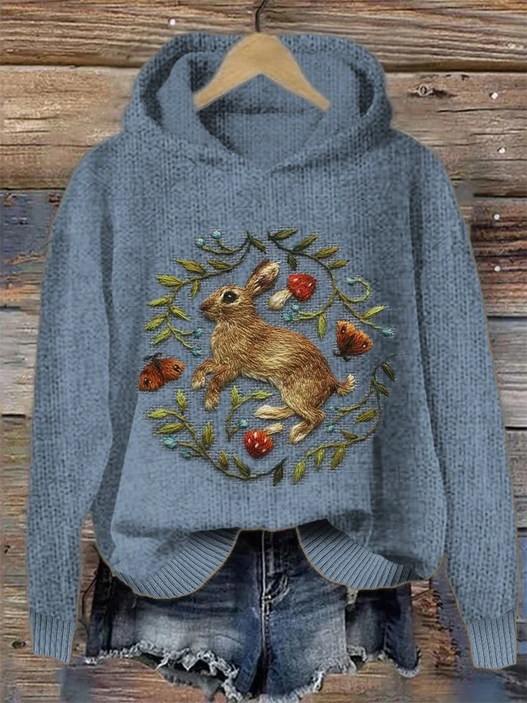 Comstylish Forest Hare & Mushroom Embroidery Art Knit Hoodie
