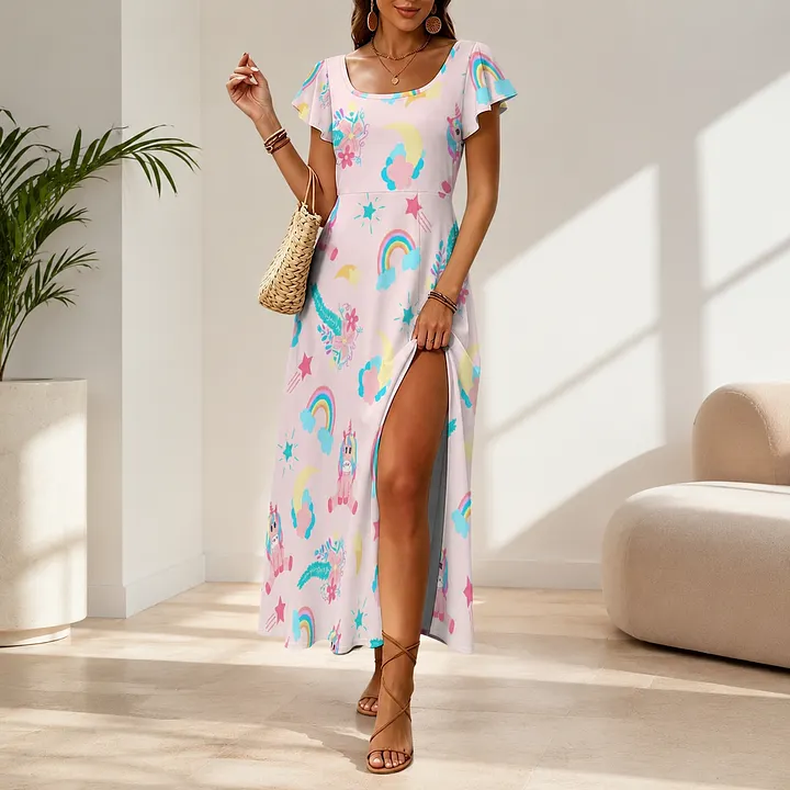cute pink flowy dresses SFneewho® Women U-neck Maxi Unicorn Rainbow Floral Stars Pastel Fantasy Boho Split Sundress Cap Sleeve Beach Dress Crinoline