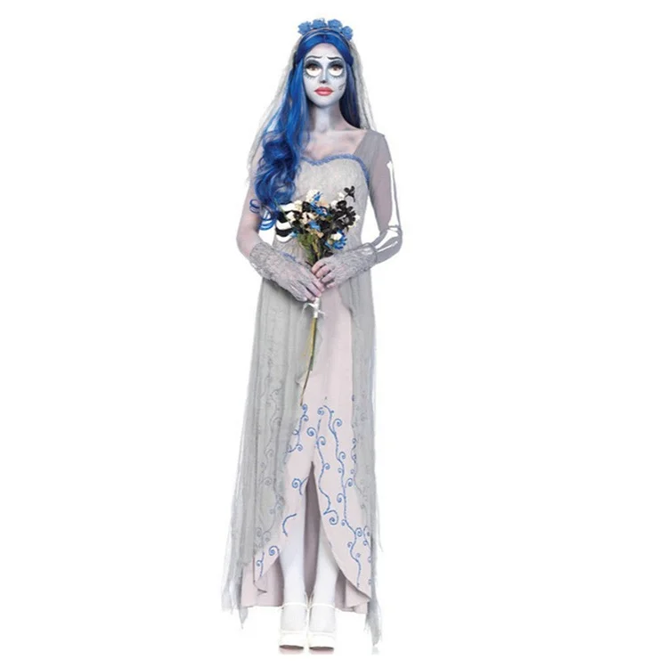 Horror Corpse Bride Emily White Wedding Dress Outfits Cosplay Costume Halloween Carnival Suit
