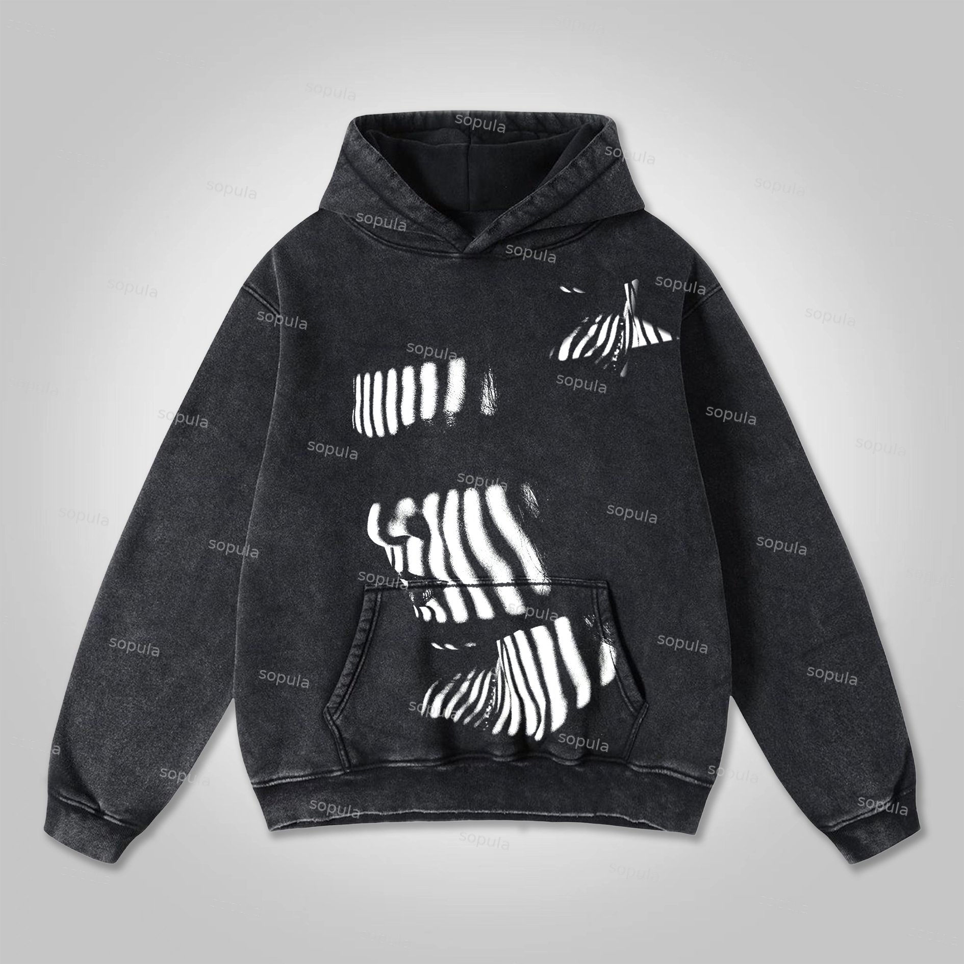 Sopula Vintage Street Abstract Portrait Print Pocket Washed Hoodie - SOPULA
