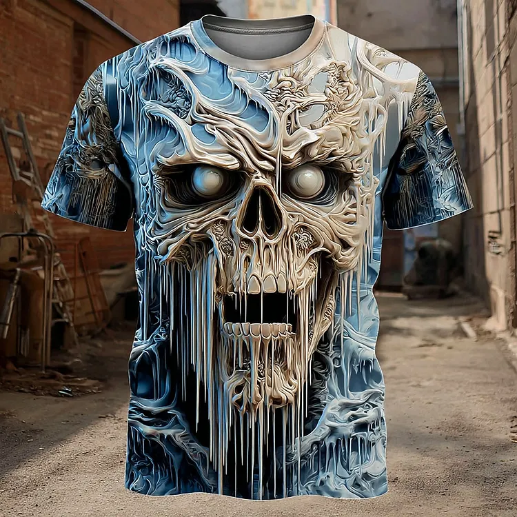 Men's Vintage Halloween Skull Art Print Crew Neck Short Sleeve Casual T-shirt