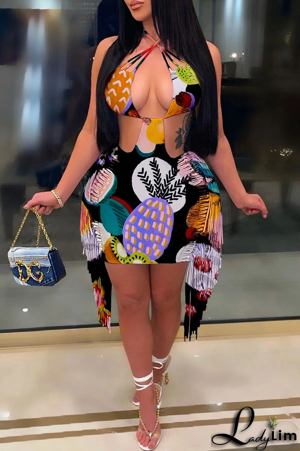 Pink Sexy Print Tassel Bandage Backless Halter One Step Skirt Dresses