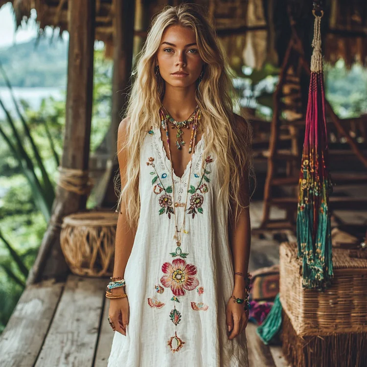 Simpfit Boho Blumenstickerei Quaste Art Ärmelloses gemütliches Leinen Madi Kleid