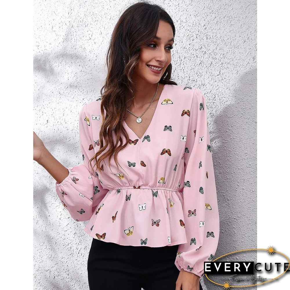 Pink Floral Print Slim Fit Lantern Sleeve Tops