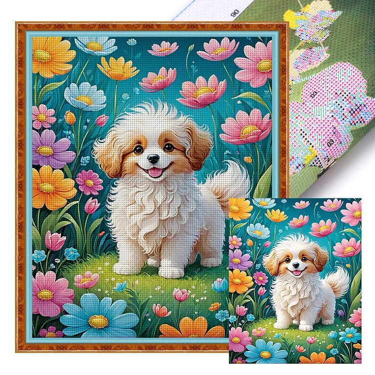 Dog In Flowers (40*50cm) 11CT Stamped Cross Stitch gbfke