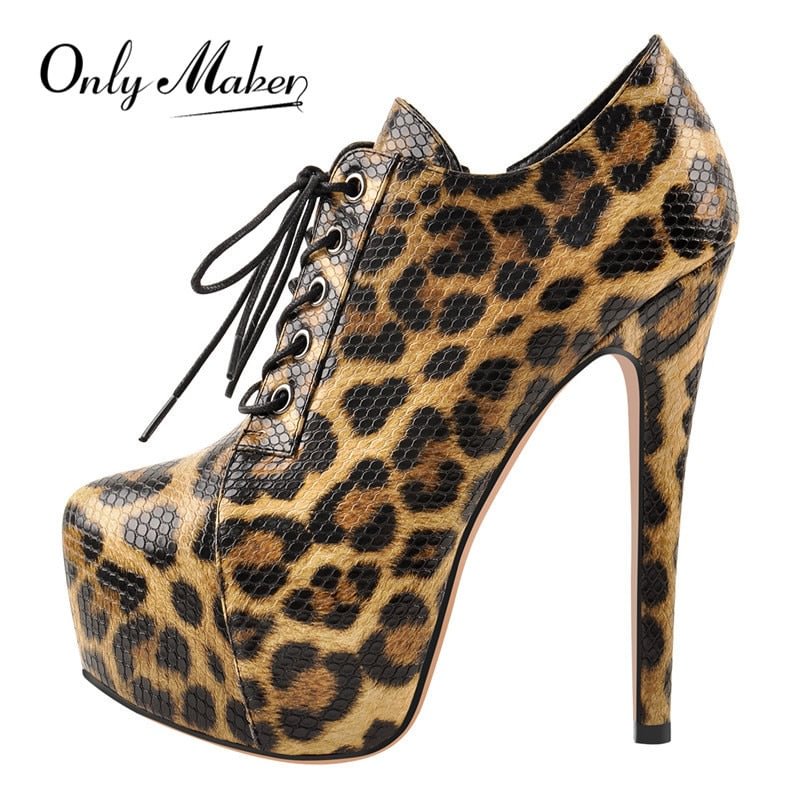 Onlymaker Women's Platform Leopard and Black Ankle Booties Thin High Heels Lace Up Stiletto Side Zipper Sexy Lady Boots