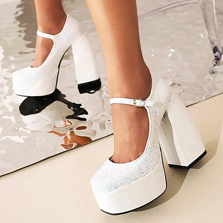 White Glitter Platform Mary Jane Chunky Heels Vdcoo