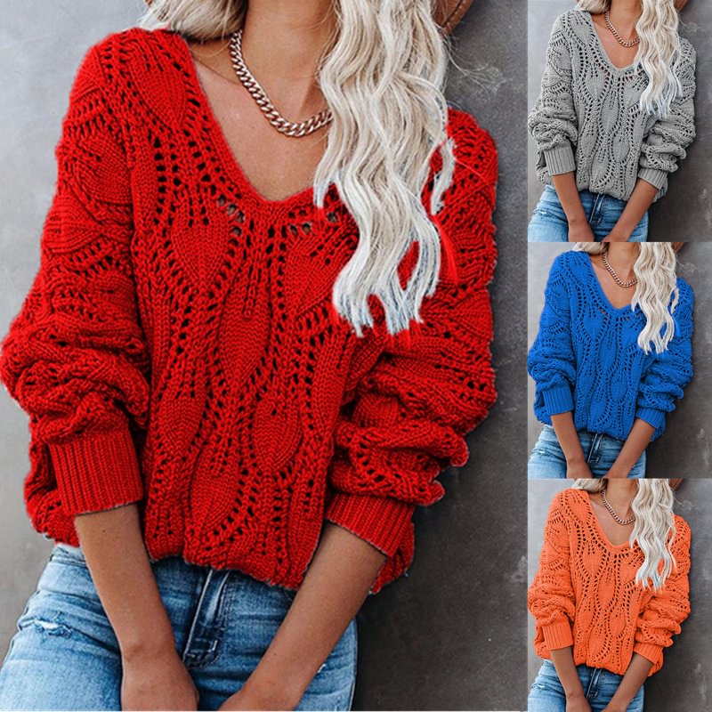Women's Casual Solid Hollow-out V-neck Knitted Long Sleeves Pullover
