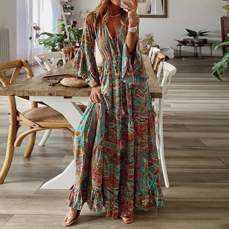 Tiboyz Women‘s’ Boho Floral Pattern Flared Sleeve Maxi Dress