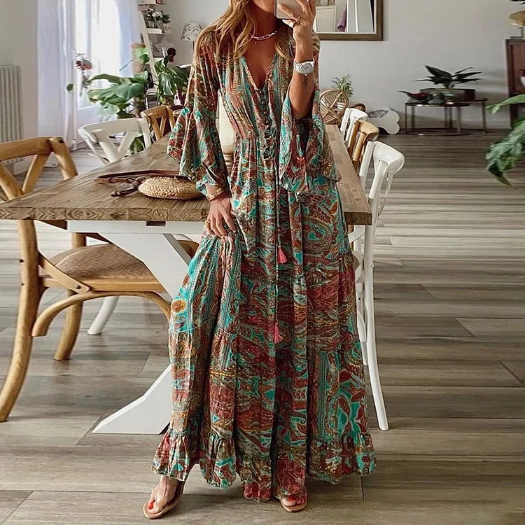 Women‘s’ Boho Floral Pattern Flared Sleeve Maxi Dress