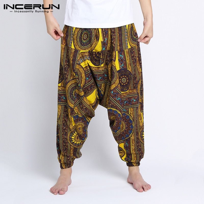 INCERUN Printed Men Harem Pants Cotton Vintage Streetwear Ethnic Style 2021 Drop-crotch Trousers Men Joggers Baggy Pantalon 5XL