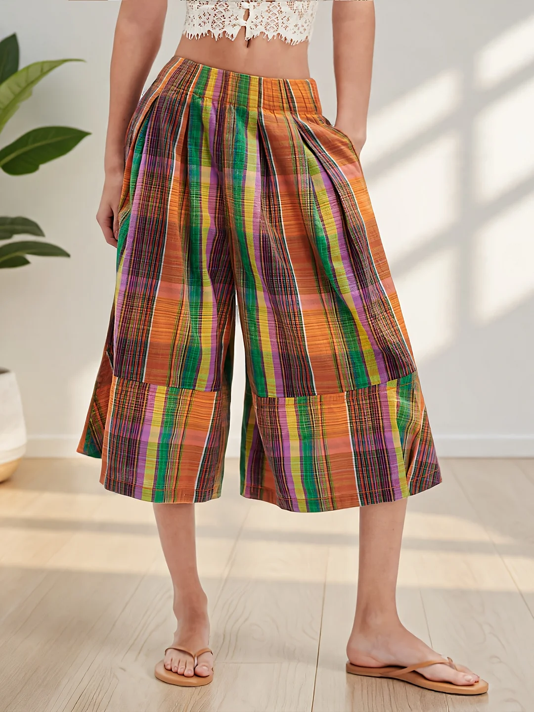 Women's Stylish Plaid Capri Pants With Pockets - Loose Fit, Comfortable, Casual Mid-Thigh Length, Vibrant Color Block Design, Perfect For Spring/Summer Vacations, Vacation Pants, Spring Summer Trousers, Loose Fit Pants, Comfortable Trouser | IFYHOME