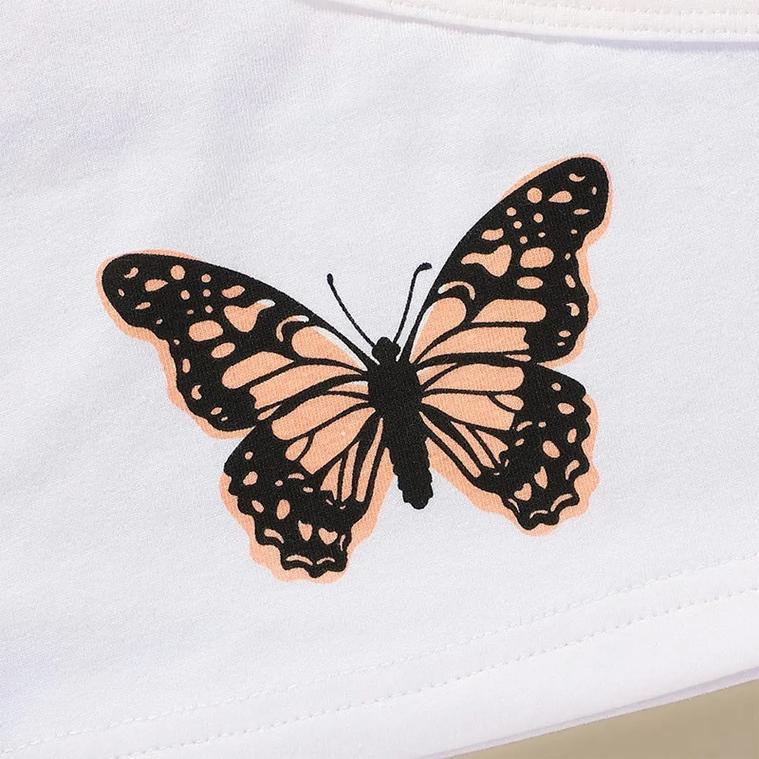 2 Pieces Kids Suit Set, Summer Butterfly Print One Shoulder Sleeveless Short Tops+ Shorts for Girls, 18 Months-6 Years