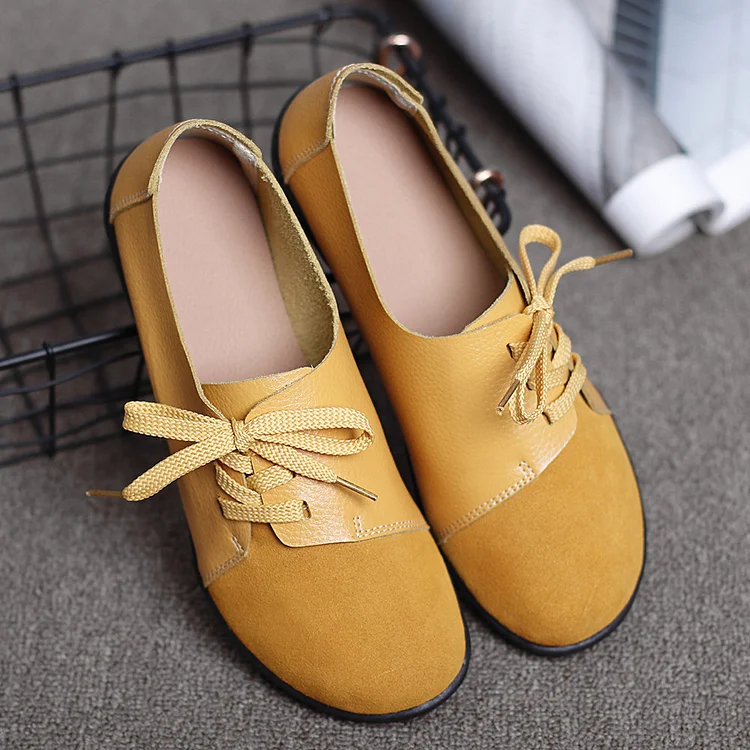 Women Casual Soft Lightweight Splicing Leather Lace Up Flats Shoes