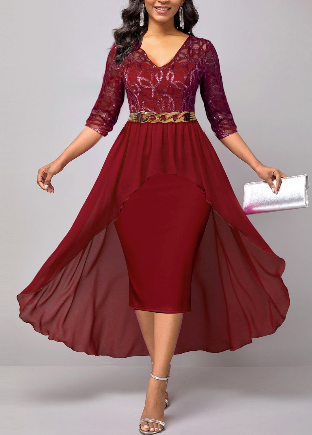 Lace Patchwork Wine Red 3/4 Sleeve Dress