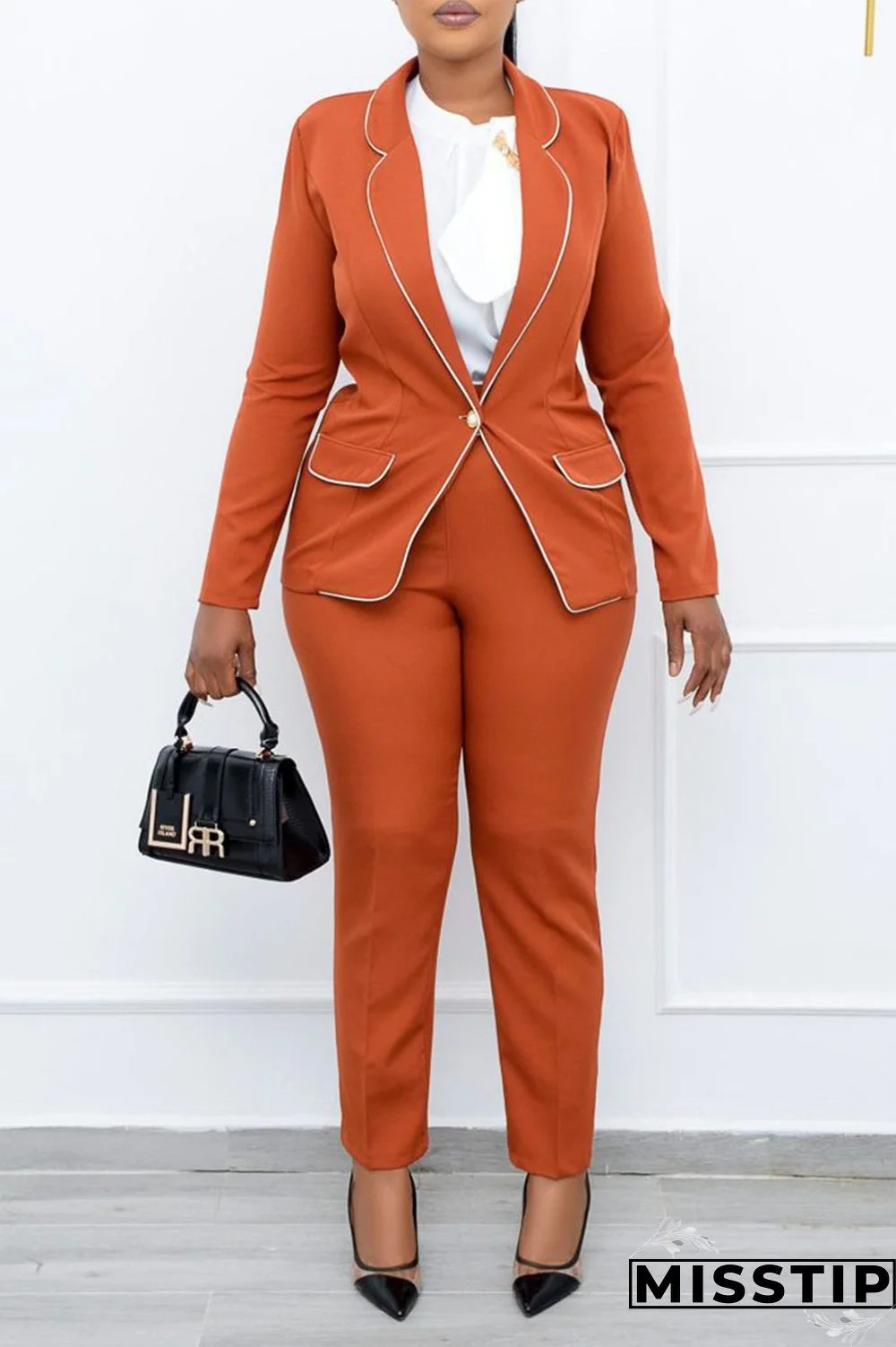 Army Green Casual Work Solid Patchwork Buttons Turn-back Collar Long Sleeve Two Pieces