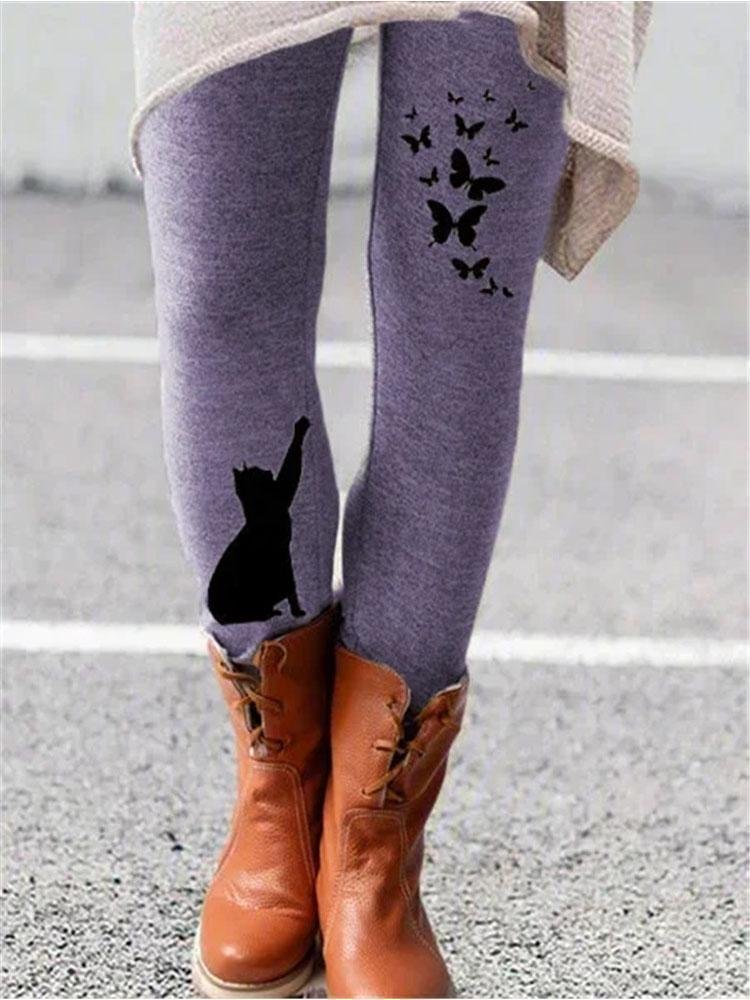 Woman Cat And Butterfly Printed Leggings