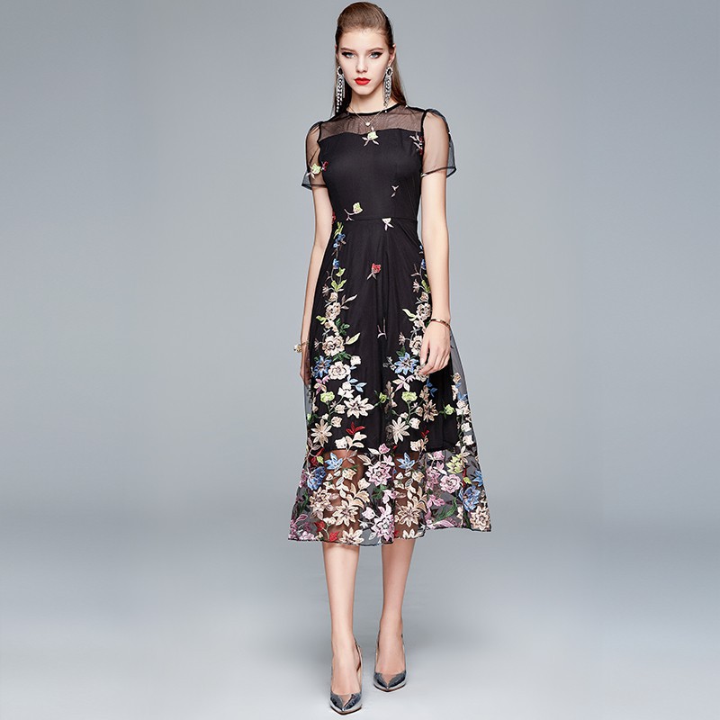 Women's Beige Floral Embroidered Midi Dress, Sheer Short Sleeve A-Line Formal Evening Dress