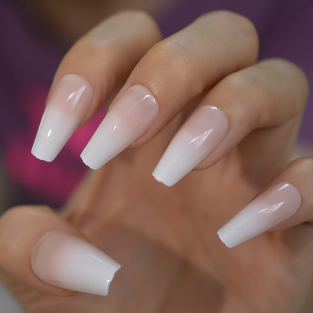 Natural Glossy Ombre Pink Nude White French Ballerina Coffin False Nail Gradient Press on Reusable Ballet Fake Nails Tips