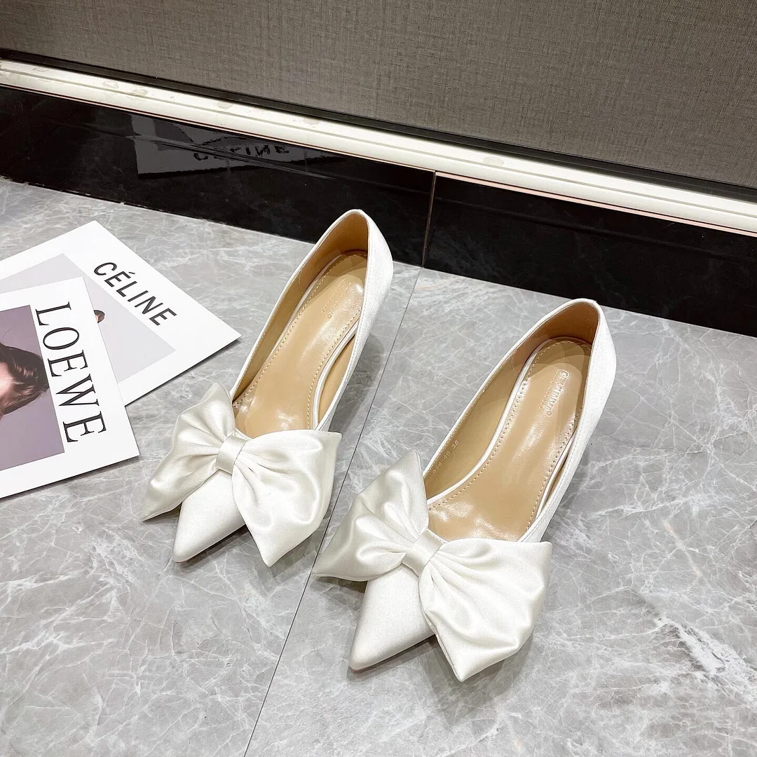 Qengg Women Pumps Pointed Toe Satin Bow Design Shallow Slip On Thin High Heels Black White Elegant Pumps Wedding Shoes 35-40