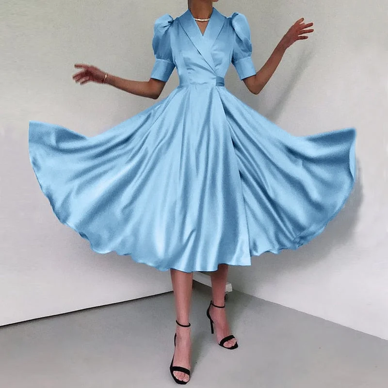 Sexy V-Neck Elegant Satin Shirt Dress 2021 Celmia Women Summer Sundress Casual Puff Sleeve Bandage Pleated Solid Party Vestidos
