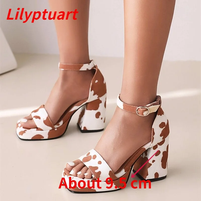 Wongn Women's High Heel Sandals ,Summer 2022, New Style, Waterproof ,Platform ,Cow Pattern, Square Head ,Chunky Heel ,Women's Shoes ,