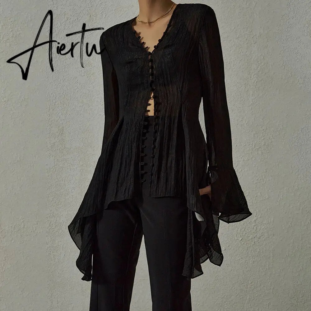 Slim Solid Dresses For Women V Neck Flare Sleeve High Waist Split Elegant Dress Female Summer Fashion Clothing Aiertu
