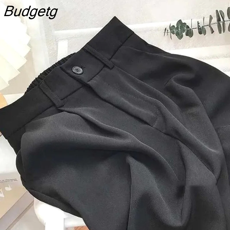 Budgetg Korean Suit Wide Leg Pants Women 2023 Autumn Elastic High Waist Trousers Woman Solid Color Button Straight Pants Female
