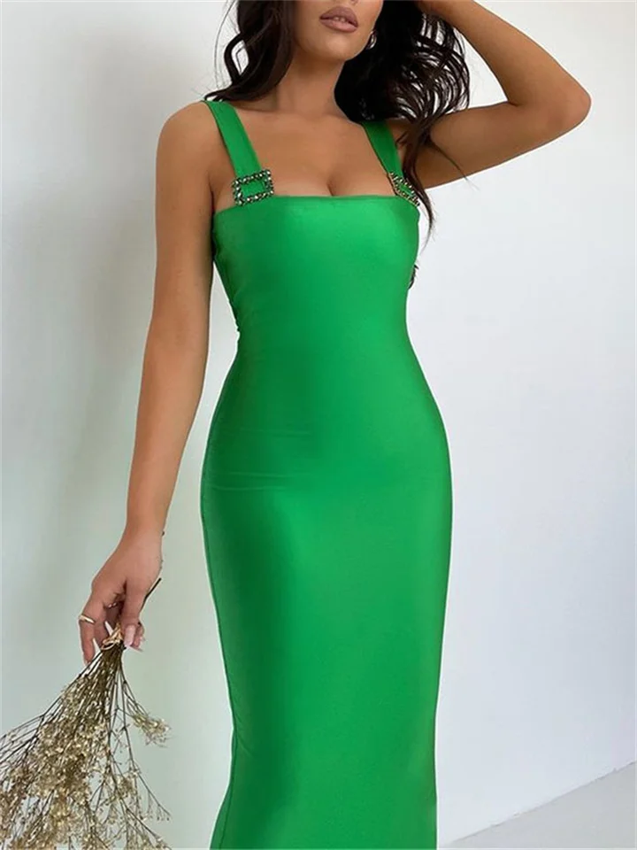 Women's Fashion Sexy Low-Cut Strap A-Line Skirt Solid Color Backless Waist Dress