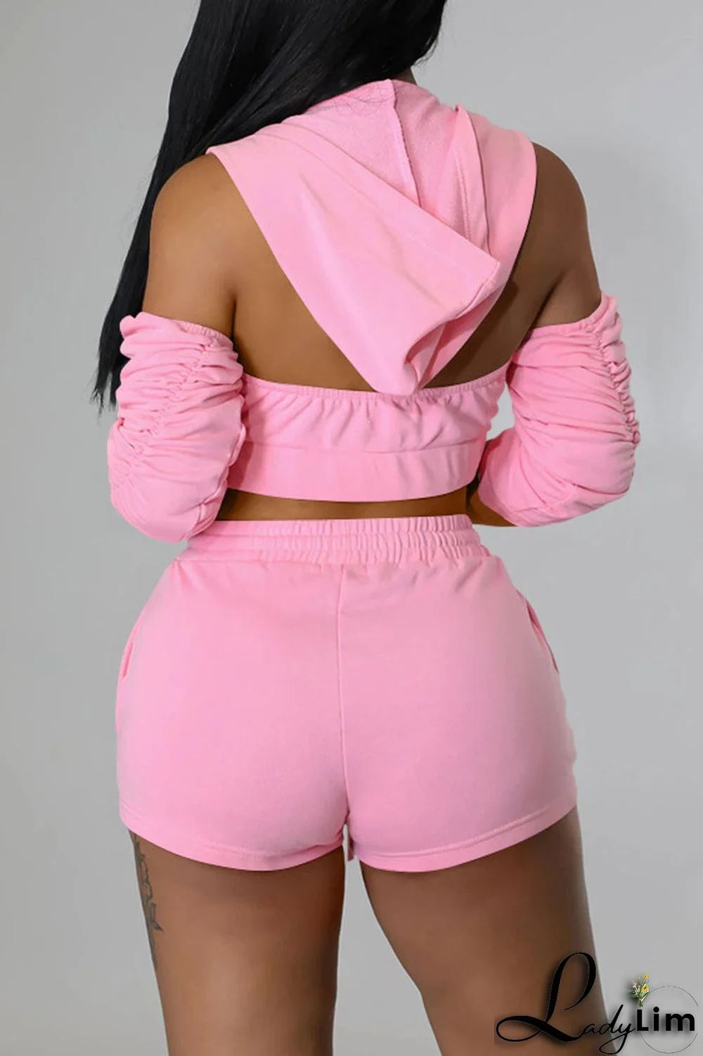 Rose Red Fashion Casual Solid Backless Fold Half A Turtleneck Half Sleeve Two Pieces