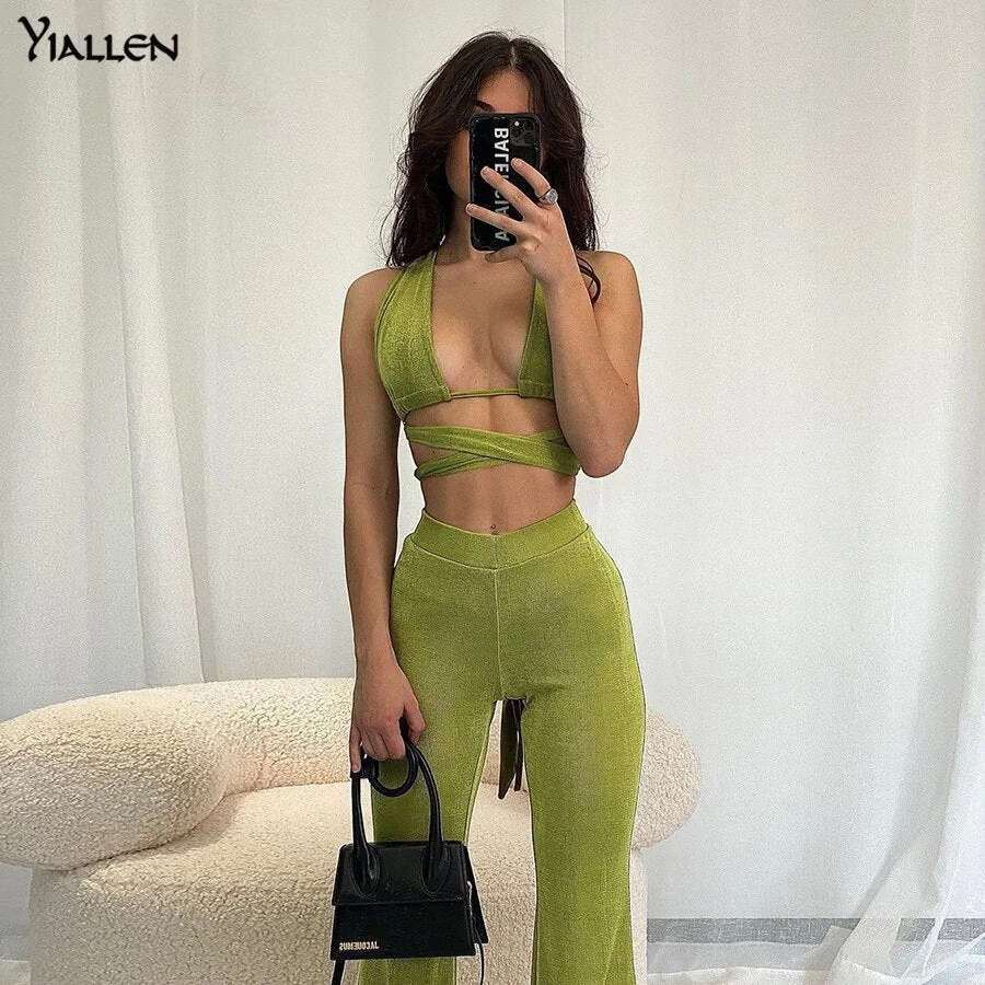 Yiallen Summer New Solid Knitting Slim Two Pieces Set Women Sexy Halter Sleeveless Crop Top And High Waist Flare Trousers Sets