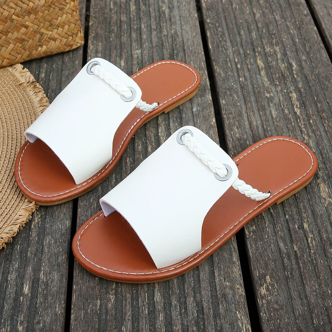 Yyvonne Braided With Fish Mouth Slippers Women Solid Color Wearing A Word Beach Cold Slippers