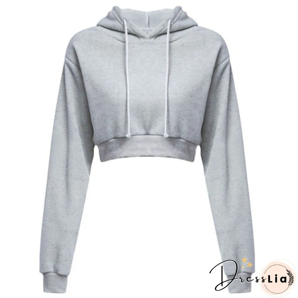 Fashion Womens Sexy Casual Cotton Plain Stitching Long Sleeve Hooded Short Sweatshirt Crop