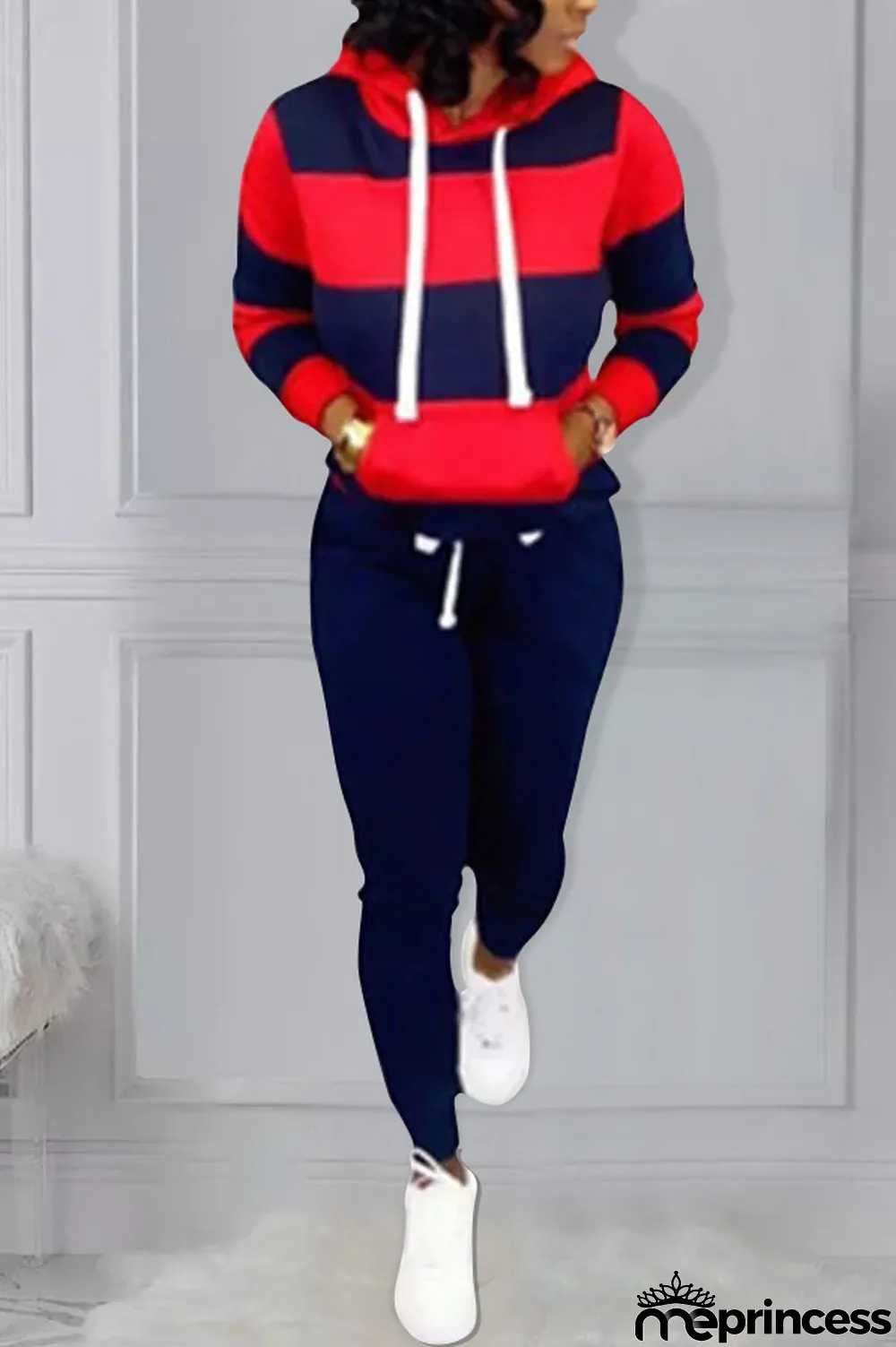 Red Polyester OL Striped Patchwork Print pencil Long Sleeve Two Pieces