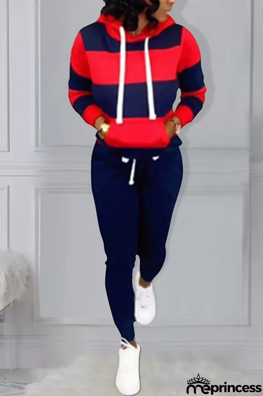 Red Polyester OL Striped Patchwork Print pencil Long Sleeve Two Pieces