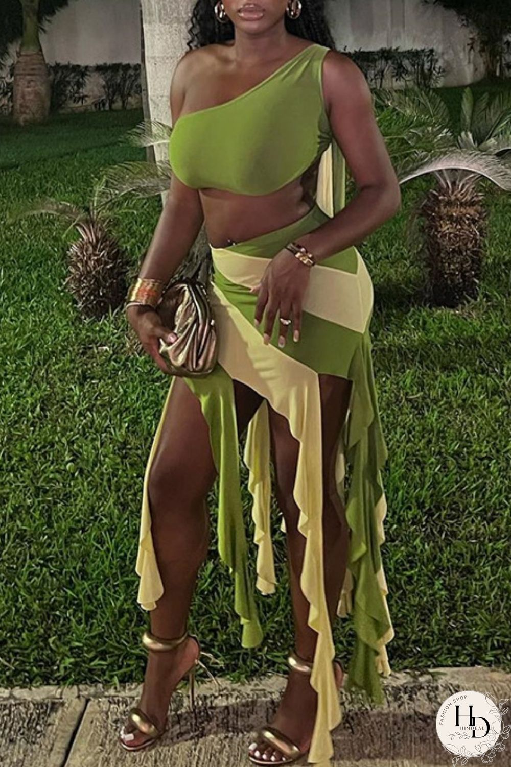 Rose Red Sexy Patchwork Tassel Bandage Backless Contrast Oblique Collar Sleeveless Two Pieces