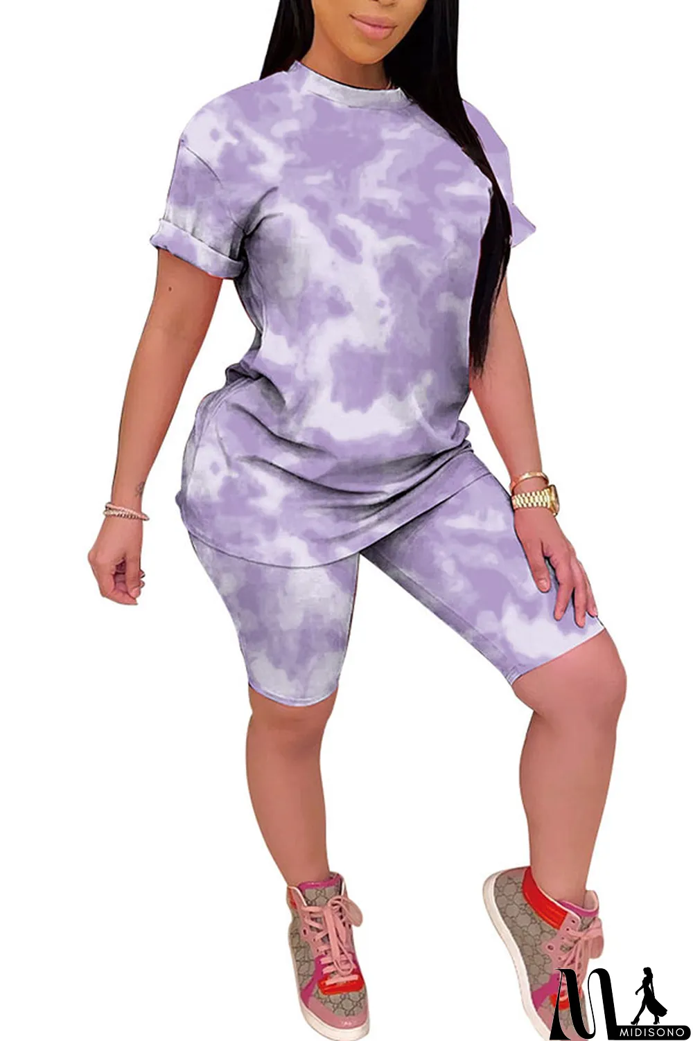 MidiSono - Light yellow Polyester Fashion Casual Print Gradient Two Piece Suits pencil Short Sleeve Two Pieces