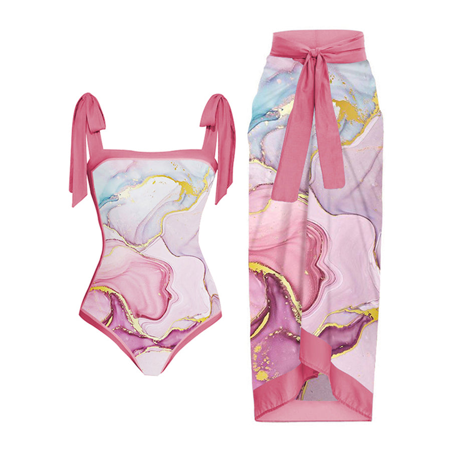 Vintage Colorblock Print Beach One-Piece Swimsuit