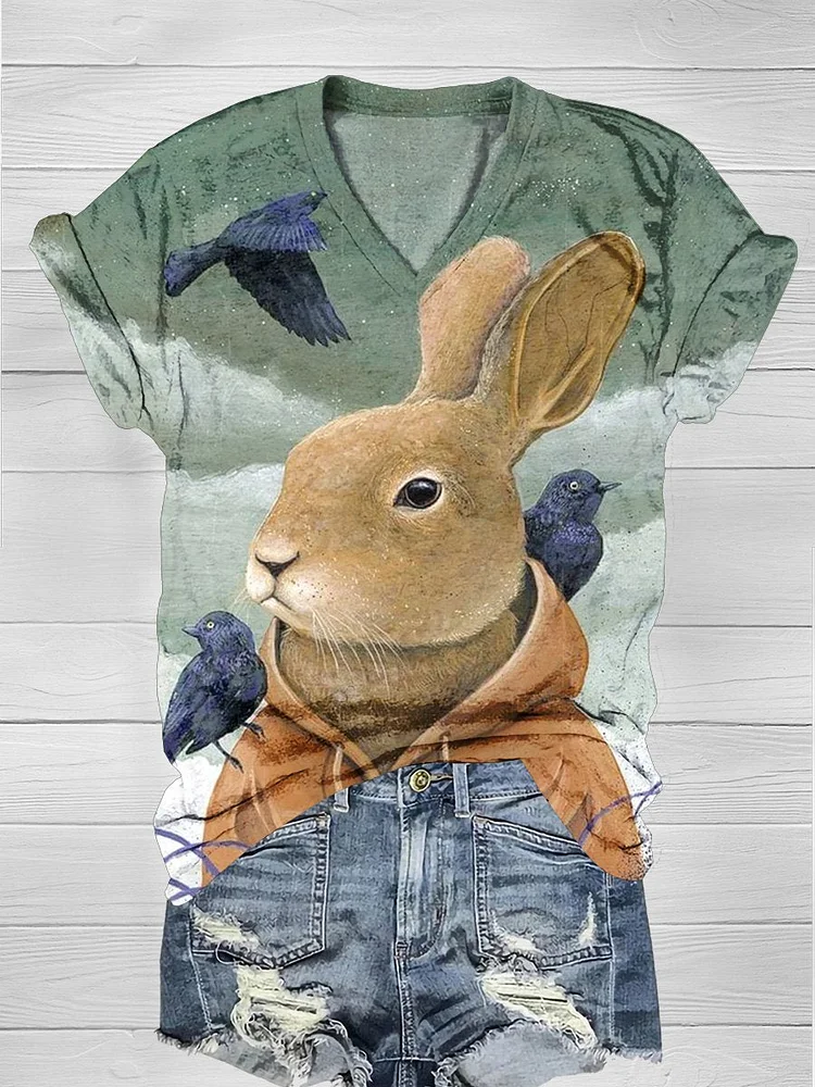 Rabbit  Art Print Casual  T-shirt